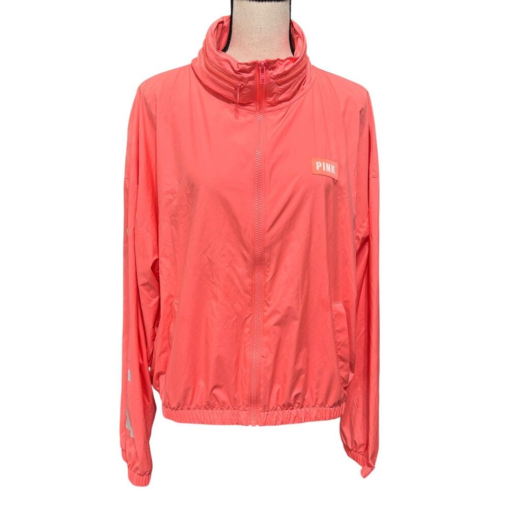 PINK Victoria's Secret Logo Windbreaker Neon Coral Sz M Concealed Hood